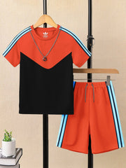 Summer T Shirt & Short Suit For Kids-Orange & Black Lining with Sky,Navy Stripe-BE3311/BR15749